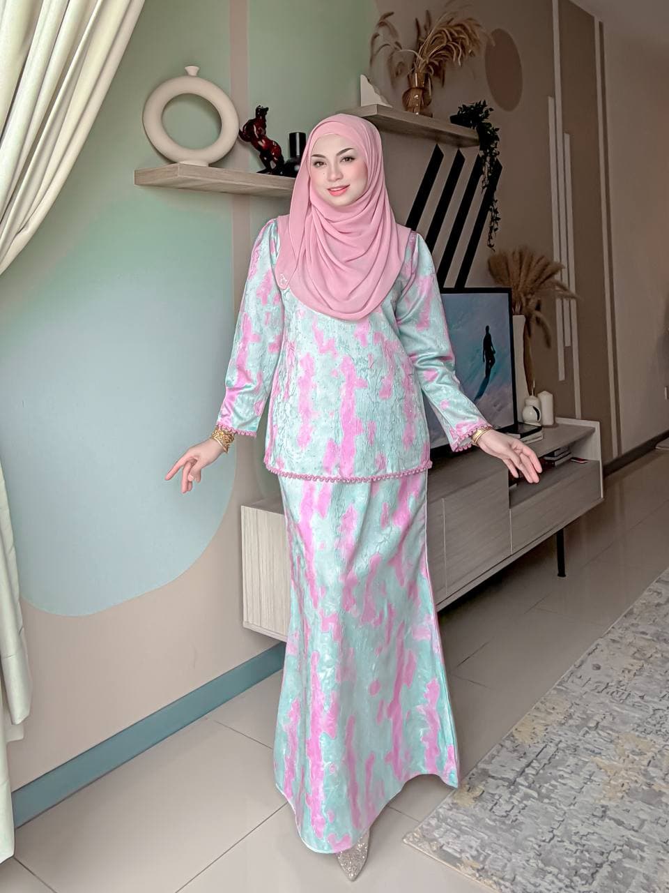 Baju Kurung Mini Crumple & Stone Muslimah | Crushed Satin Pastel Elegan Saiz S–3XL