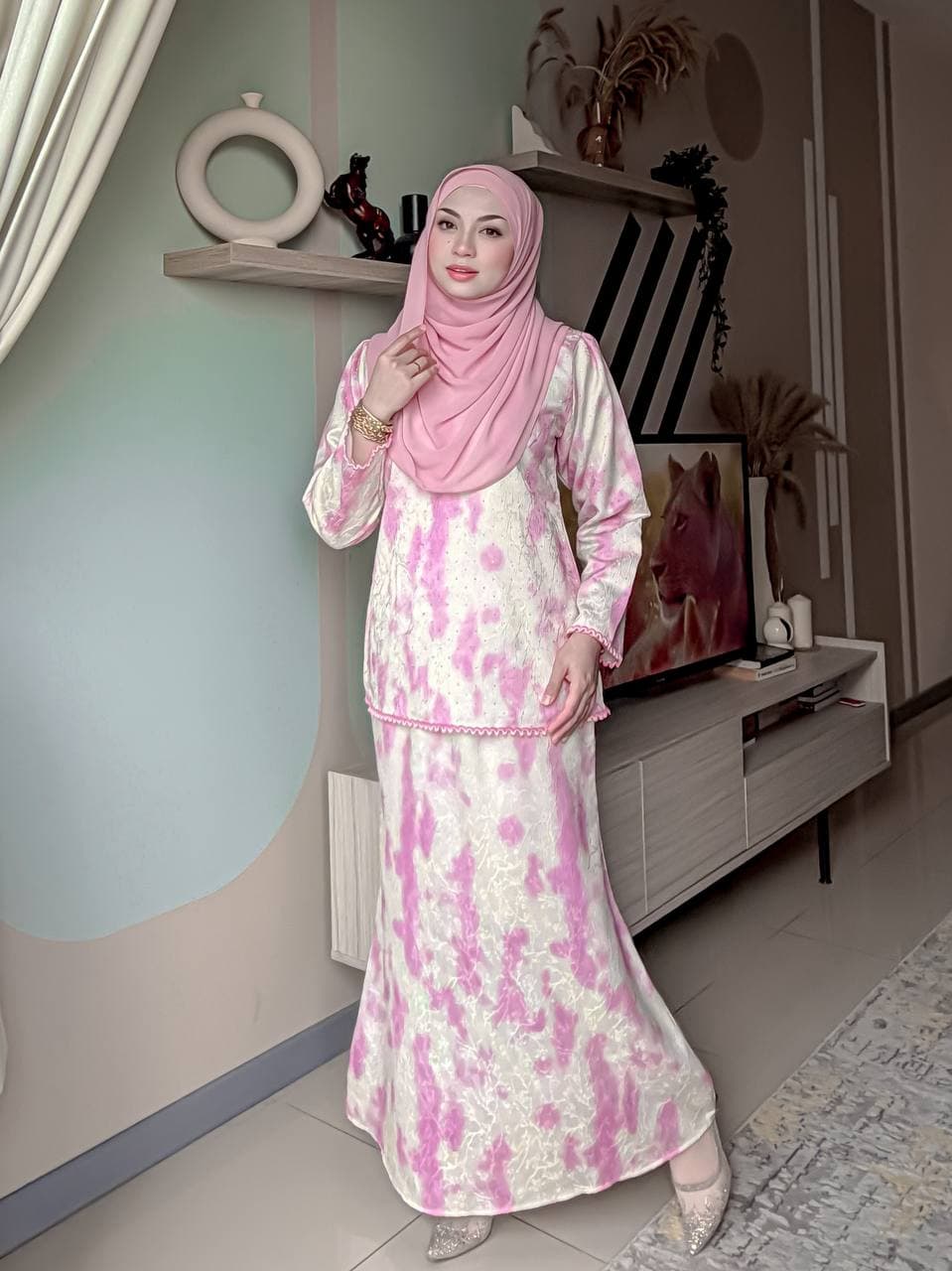 Baju Kurung Mini Crumple & Stone Muslimah | Crushed Satin Pastel Elegan Saiz S–3XL