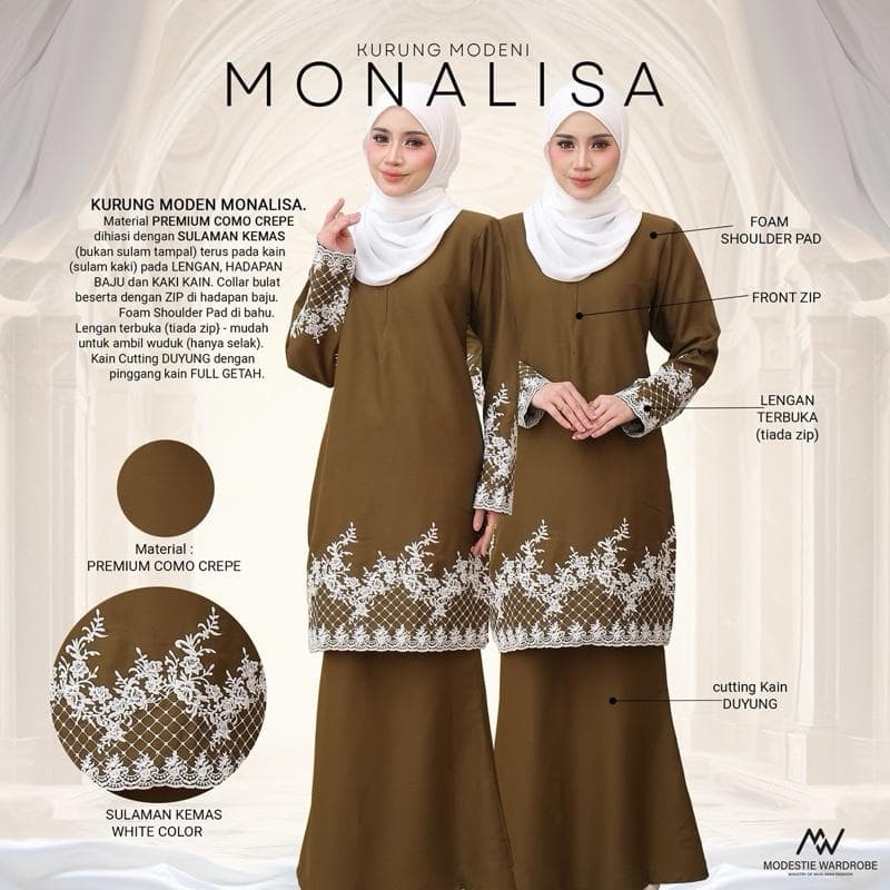 Baju Kurung Moden Monalisa | Premium Como Crepe | Sulaman Eksklusif | Front Zip