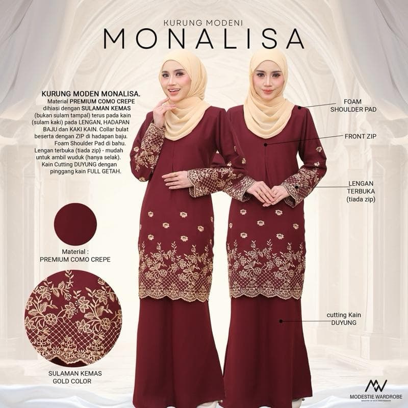 Baju Kurung Moden Monalisa | Premium Como Crepe | Sulaman Eksklusif | Front Zip