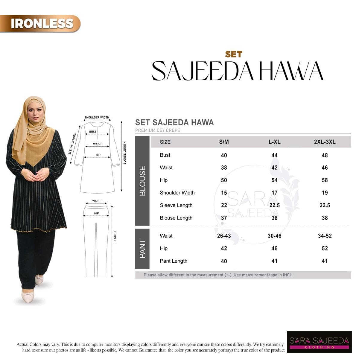 Set Hawa Blouse & Seluar Ironless | Premium Cey Crepe | Saiz S-3XL