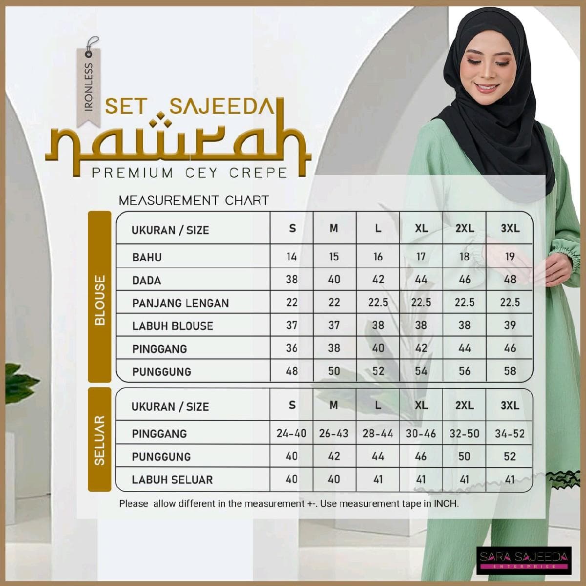 Set Nawrah Blouse & Seluar Ironless | Premium Cey Crepe | Saiz S-3XL